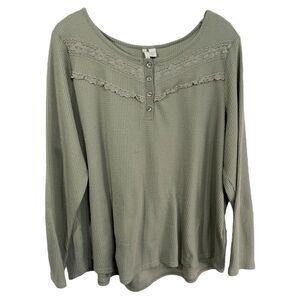 Cato Plus Size 18 20 Top Sage Green Long Sleeve‎ Waffle Knit Thermal Lace 771